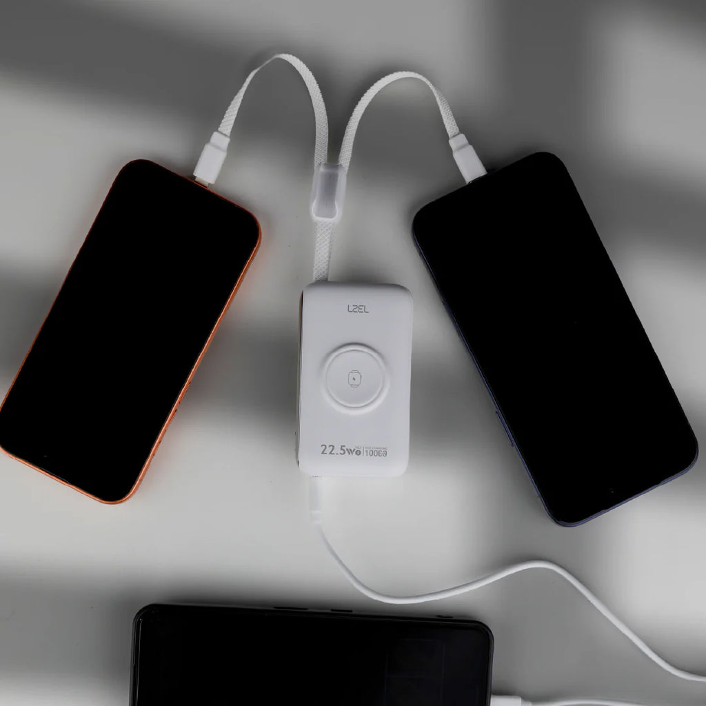 LZEL Ampflow10 Mini 10000Mah Pd Power Bank 22.5W | Built-In Type-C & Lightning Cable | Wireless Charging