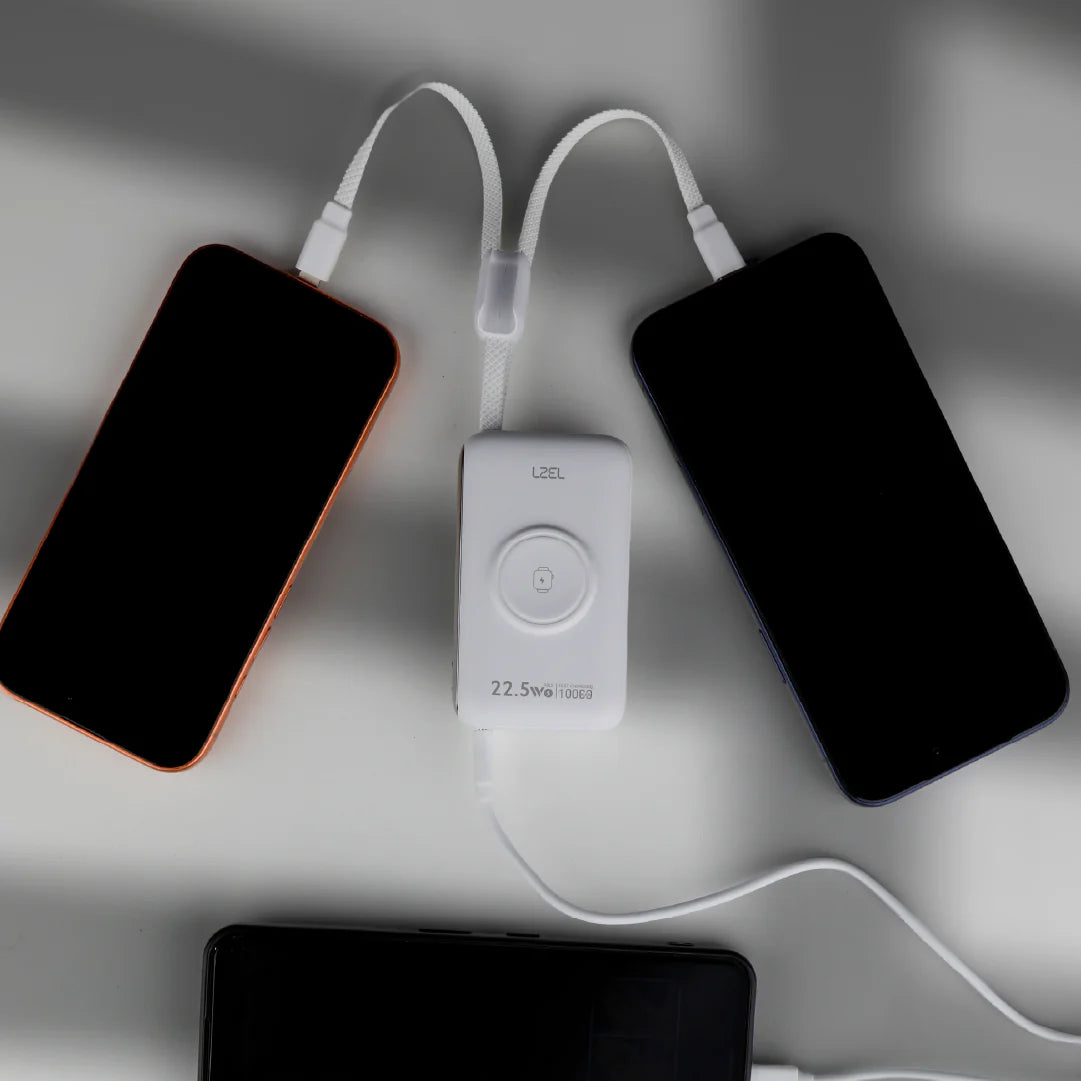 LZEL Ampflow10 Mini 10000Mah Pd Power Bank 22.5W | Built-In Type-C & Lightning Cable | Wireless Charging