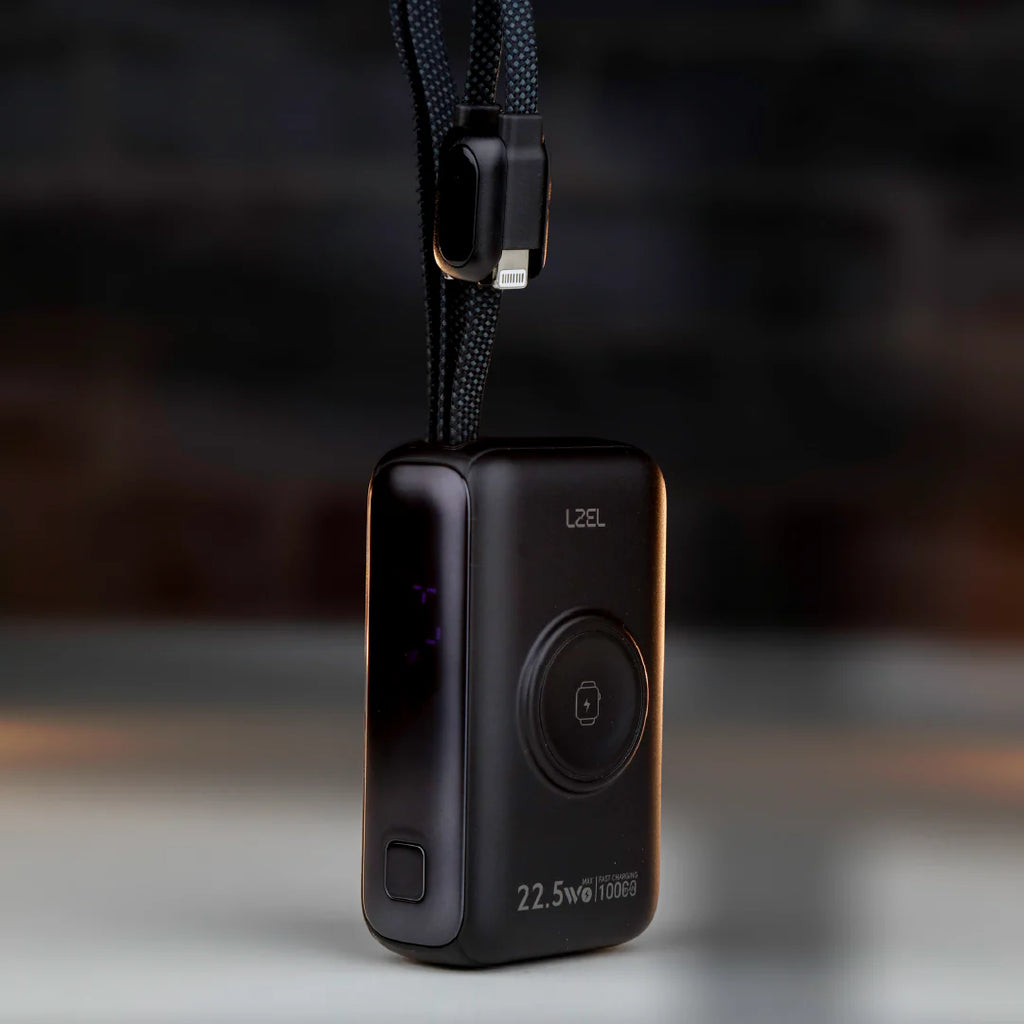 LZEL Ampflow10 Mini 10000Mah Pd Power Bank 22.5W | Built-In Type-C & Lightning Cable | Wireless Charging