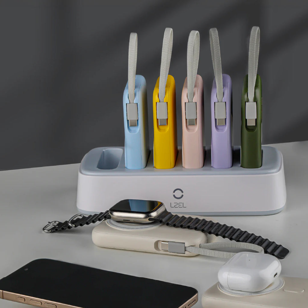 LZEL HexaEnergia Station 6x Wireless Powerbank Charging Dock | 10000mAh Full Battery | Built-in Cable | White