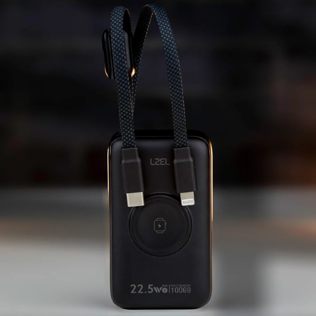 LZEL Ampflow10 Mini 10000Mah Pd Power Bank 22.5W | Built-In Type-C & Lightning Cable | Wireless Charging
