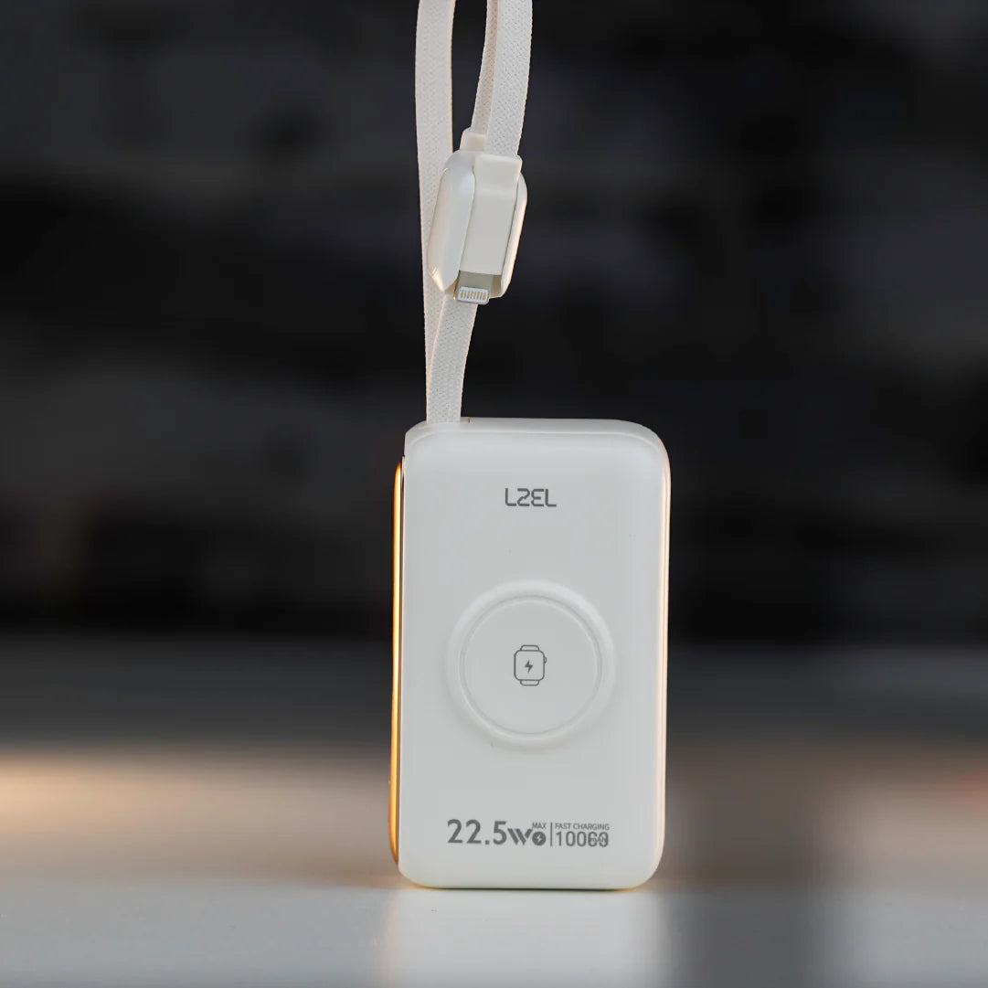 LZEL Ampflow10 Mini 10000Mah Pd Power Bank 22.5W | Built-In Type-C & Lightning Cable | Wireless Charging