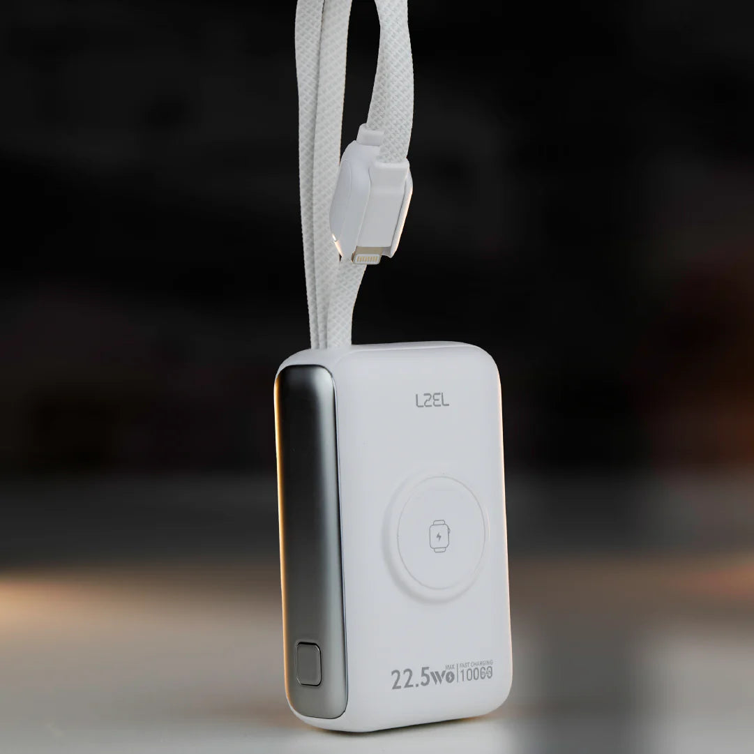 LZEL Ampflow10 Mini 10000Mah Pd Power Bank 22.5W | Built-In Type-C & Lightning Cable | Wireless Charging