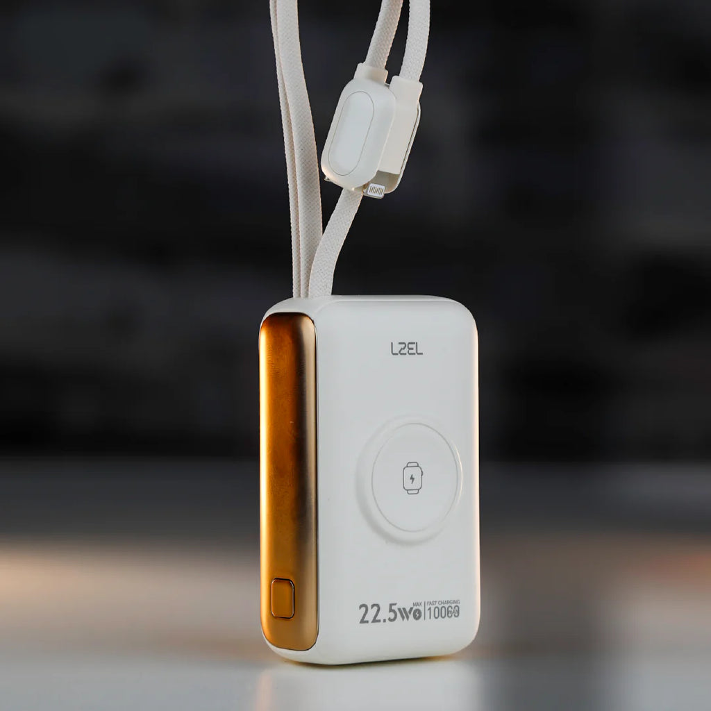 LZEL Ampflow10 Mini 10000Mah Pd Power Bank 22.5W | Built-In Type-C & Lightning Cable | Wireless Charging