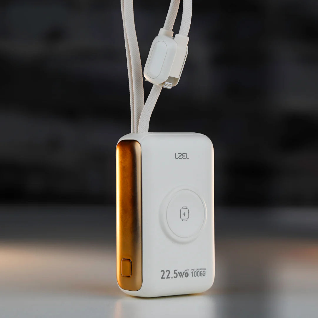 LZEL Ampflow10 Mini 10000Mah Pd Power Bank 22.5W | Built-In Type-C & Lightning Cable | Wireless Charging