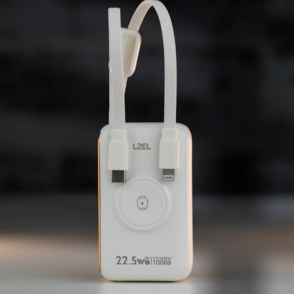 LZEL Ampflow10 Mini 10000Mah Pd Power Bank 22.5W | Built-In Type-C & Lightning Cable | Wireless Charging
