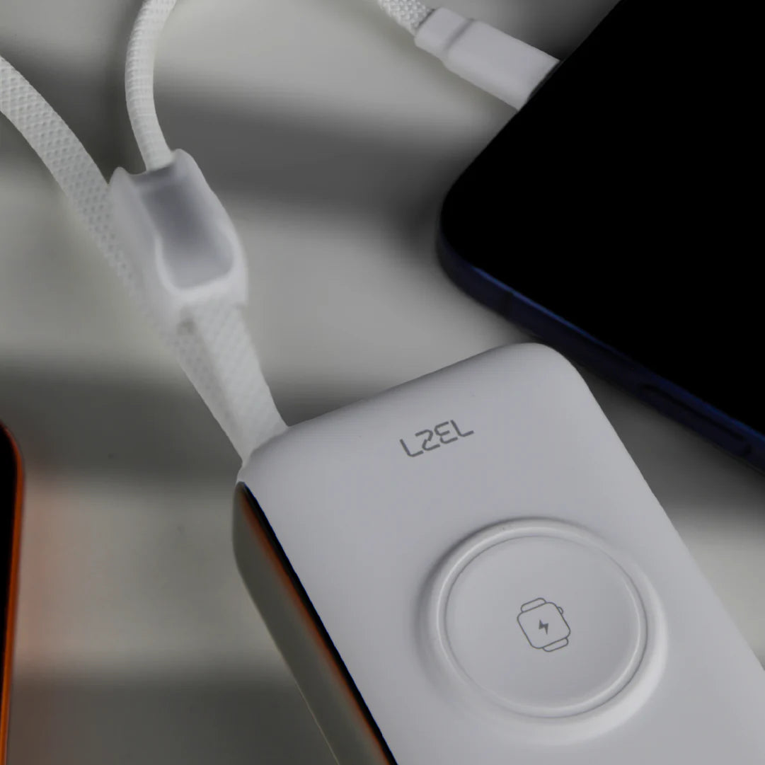 LZEL Ampflow10 Mini 10000Mah Pd Power Bank 22.5W | Built-In Type-C & Lightning Cable | Wireless Charging