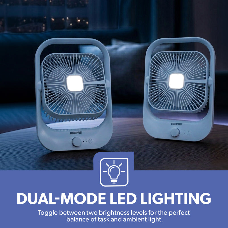 Geepas 8â?� Rechargeable Fan with LED Light â?? 2-Speed Powerful Airflow, Built-in Battery Backup, Portable Design, Adjustable Tilt