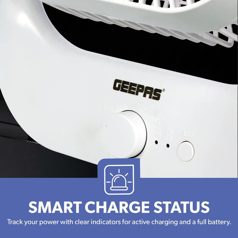 Geepas 8” Rechargeable Fan with LED Light – 2-Speed Powerful Airflow, Built-in Battery Backup, Portable Design, Adjustable Tilt