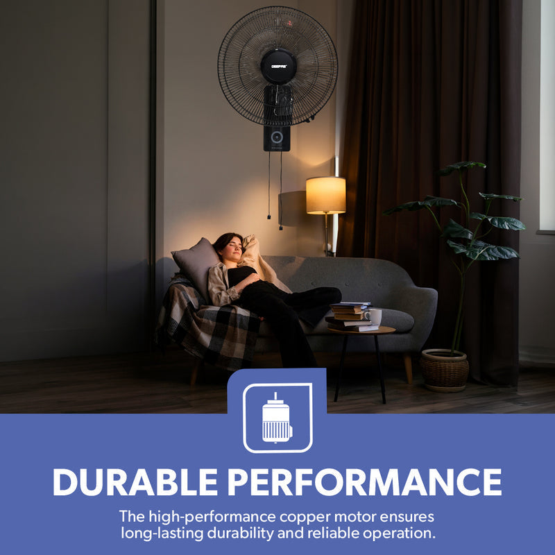 Geepas 16” Wall Fan – Powerful Copper Motor, 3-Speed Control, 5 Durable AS Blades, Wide-Angle Oscillation, Overheat Protection