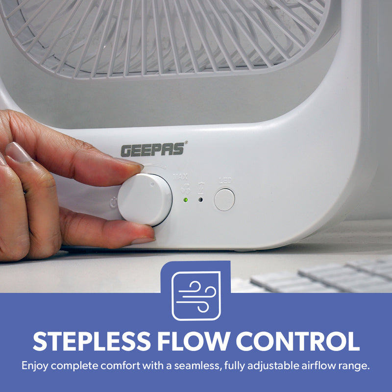 Geepas 8â?� Rechargeable Fan with LED Light â?? 2-Speed Powerful Airflow, Built-in Battery Backup, Portable Design, Adjustable Tilt