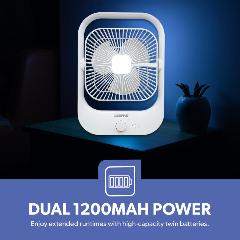 Geepas 8â?� Rechargeable Fan with LED Light â?? 2-Speed Powerful Airflow, Built-in Battery Backup, Portable Design, Adjustable Tilt