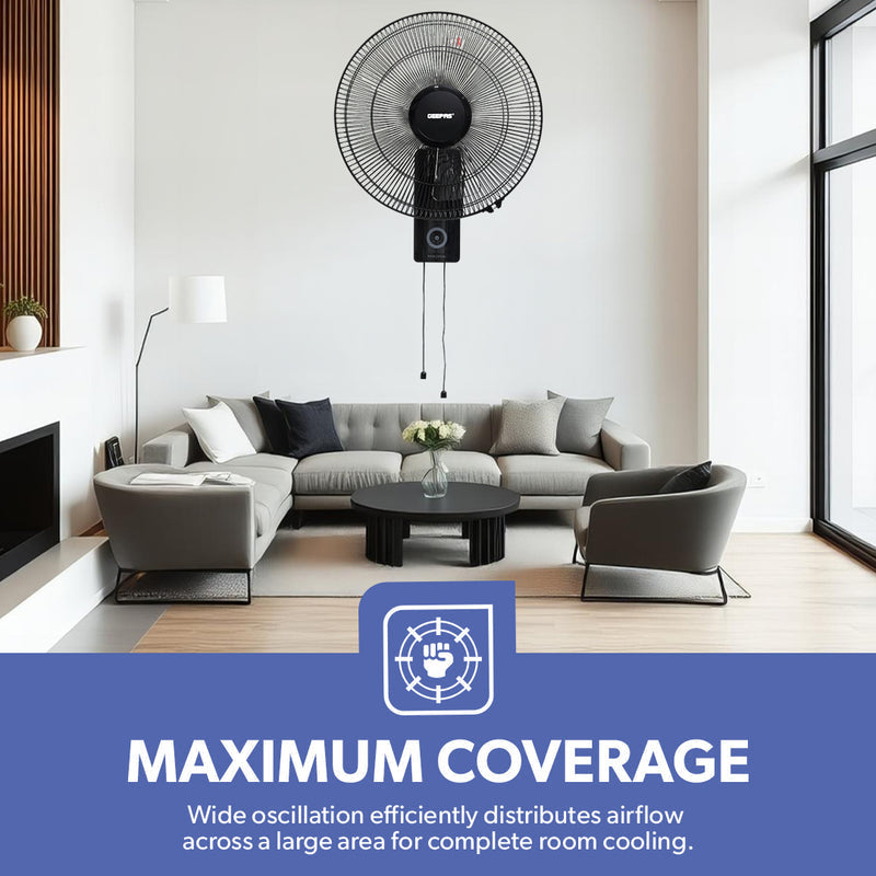 Geepas 16â?� Wall Fan â?? Powerful Copper Motor, 3-Speed Control, 5 Durable AS Blades, Wide-Angle Oscillation, Overheat Protection