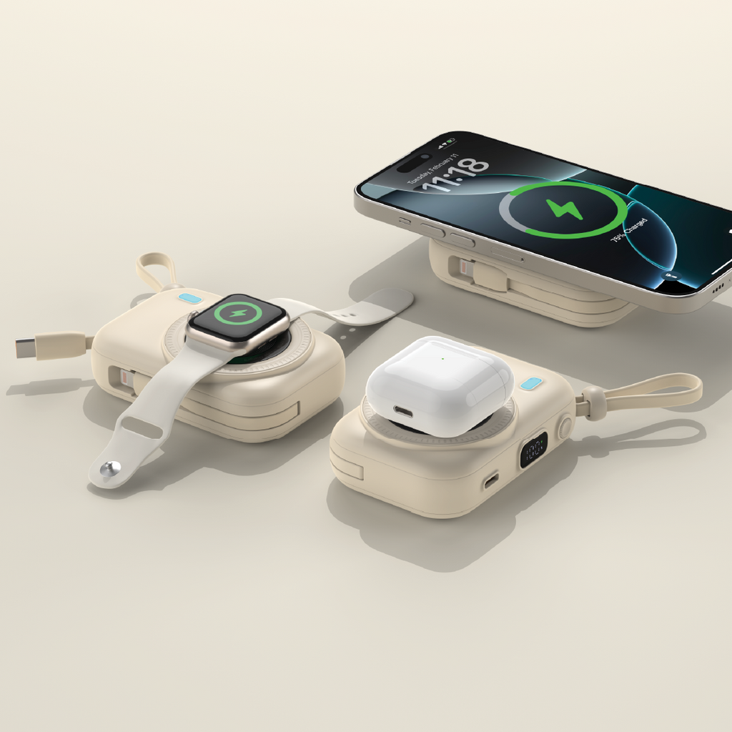 LZEL NanoFlex Nova â€“ 10,000mAh Magnetic Power Bank with USB-C PD & Built-in Cable | Beige