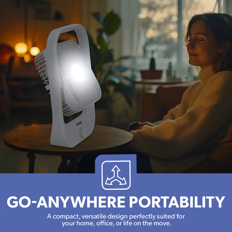 Geepas 8â?� Rechargeable Fan with LED Light â?? 2-Speed Powerful Airflow, Built-in Battery Backup, Portable Design, Adjustable Tilt