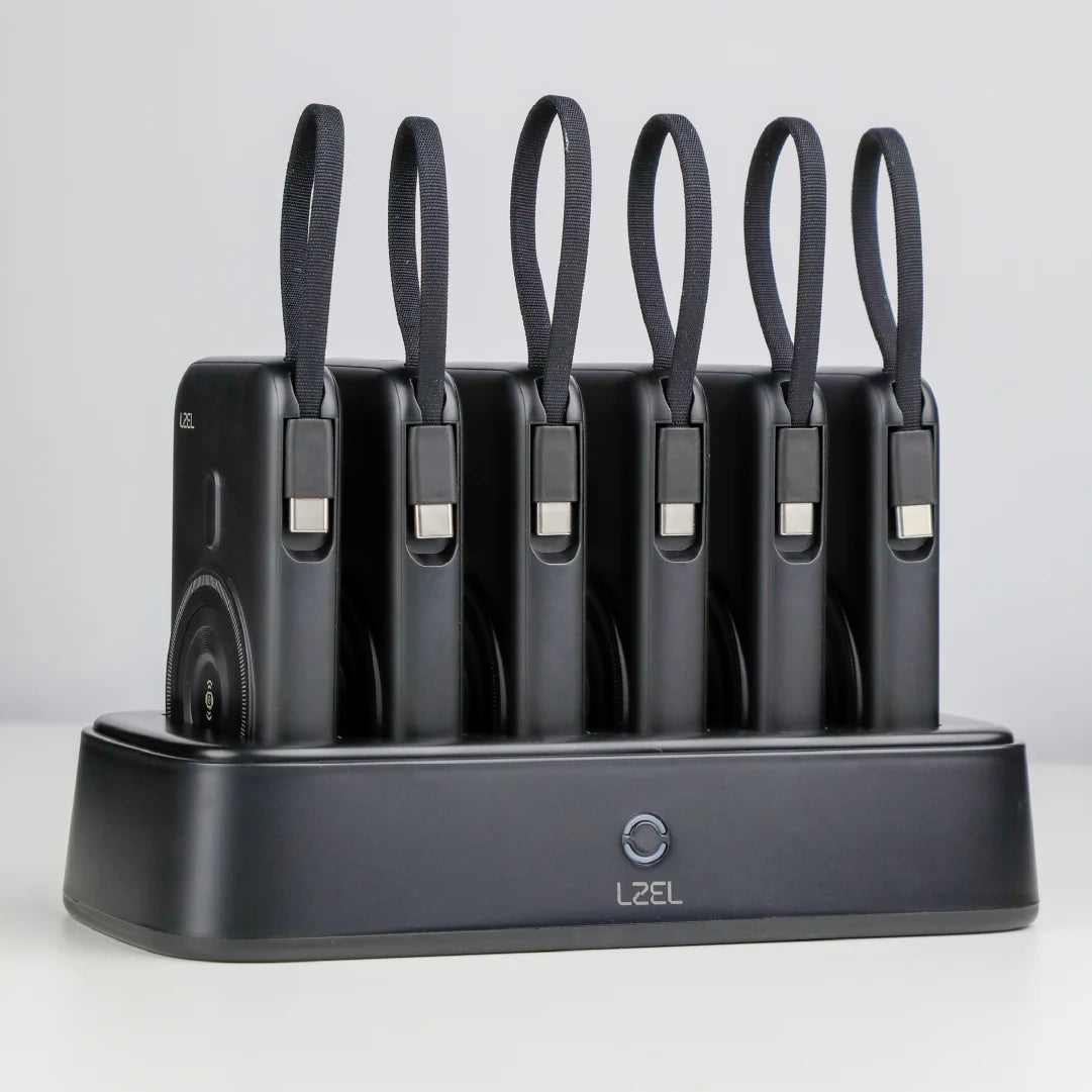 LZEL PentaEnergia Station - 5X 10,000mAh Wireless Power Bank & Charging Dock with Built-in Cable | Black