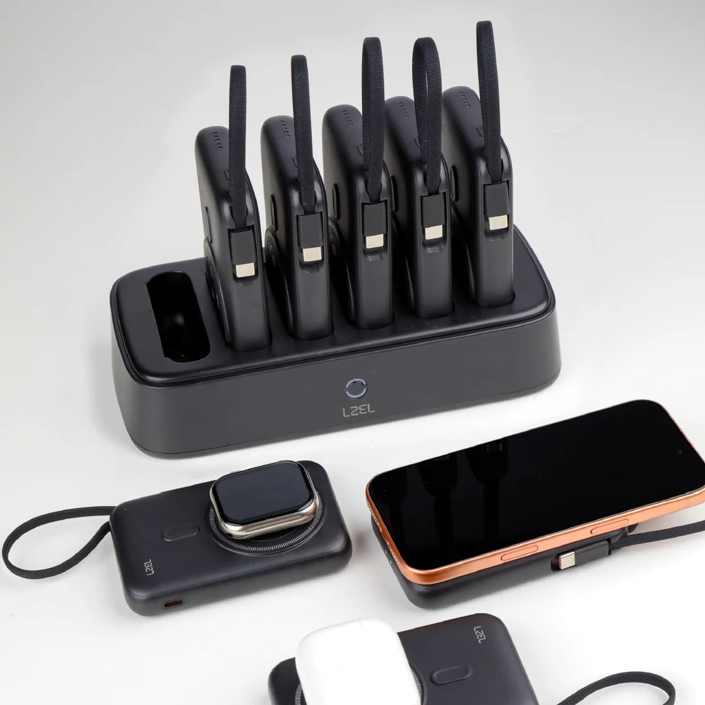 LZEL PentaEnergia Station - 5X 10,000mAh Wireless Power Bank & Charging Dock with Built-in Cable | Black