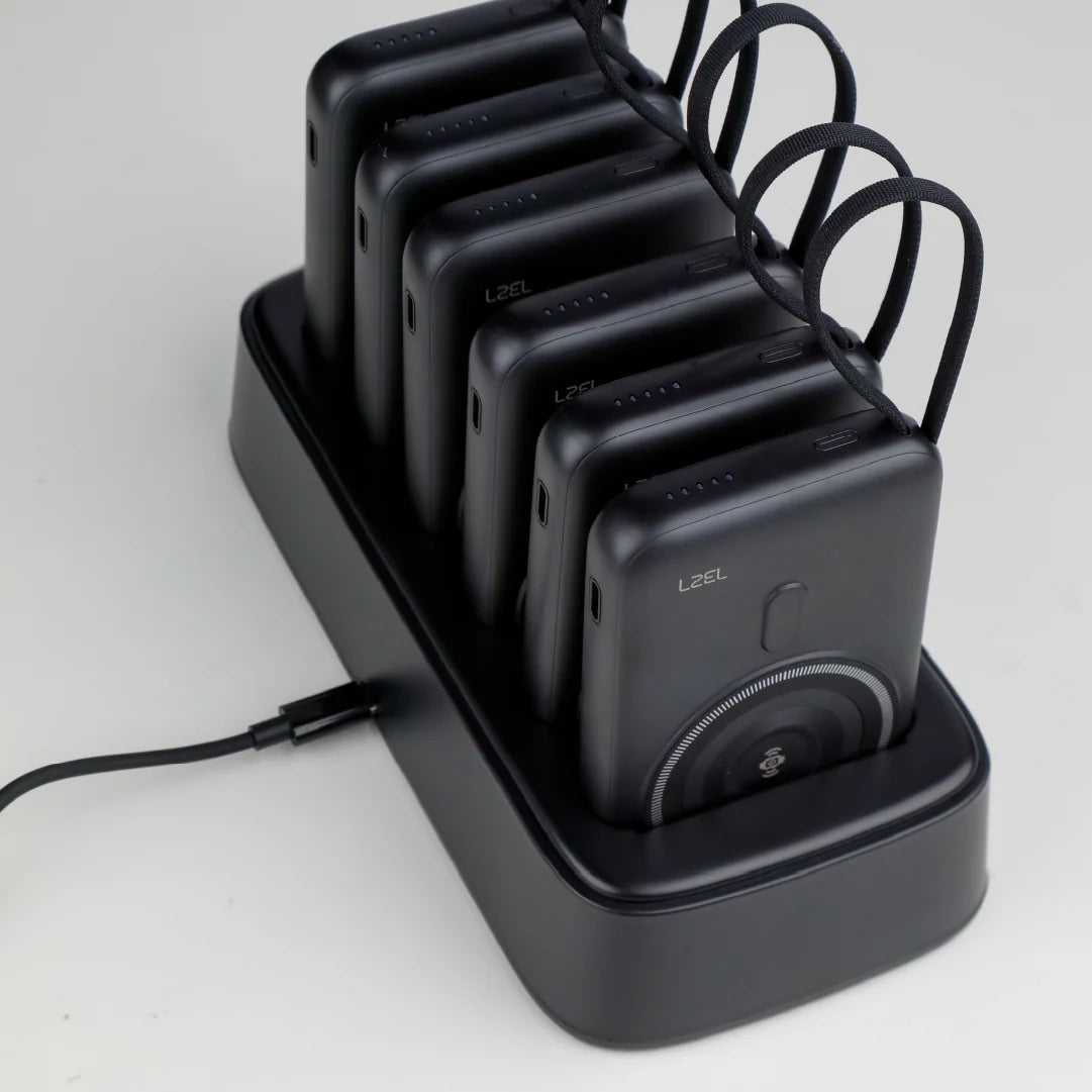 LZEL PentaEnergia Station - 5X 10,000mAh Wireless Power Bank & Charging Dock with Built-in Cable | Black