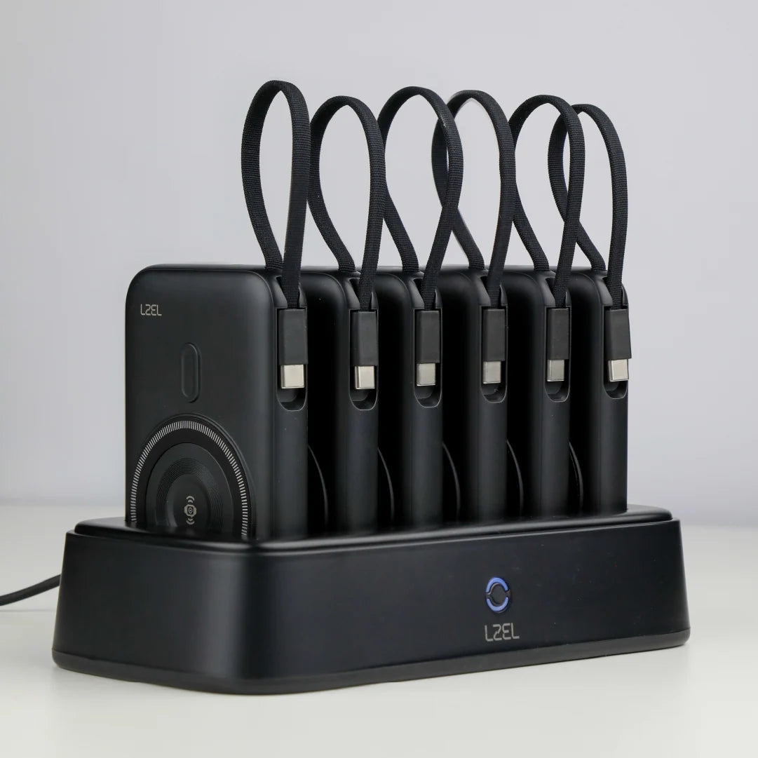 LZEL PentaEnergia Station - 5X 10,000mAh Wireless Power Bank & Charging Dock with Built-in Cable | Black