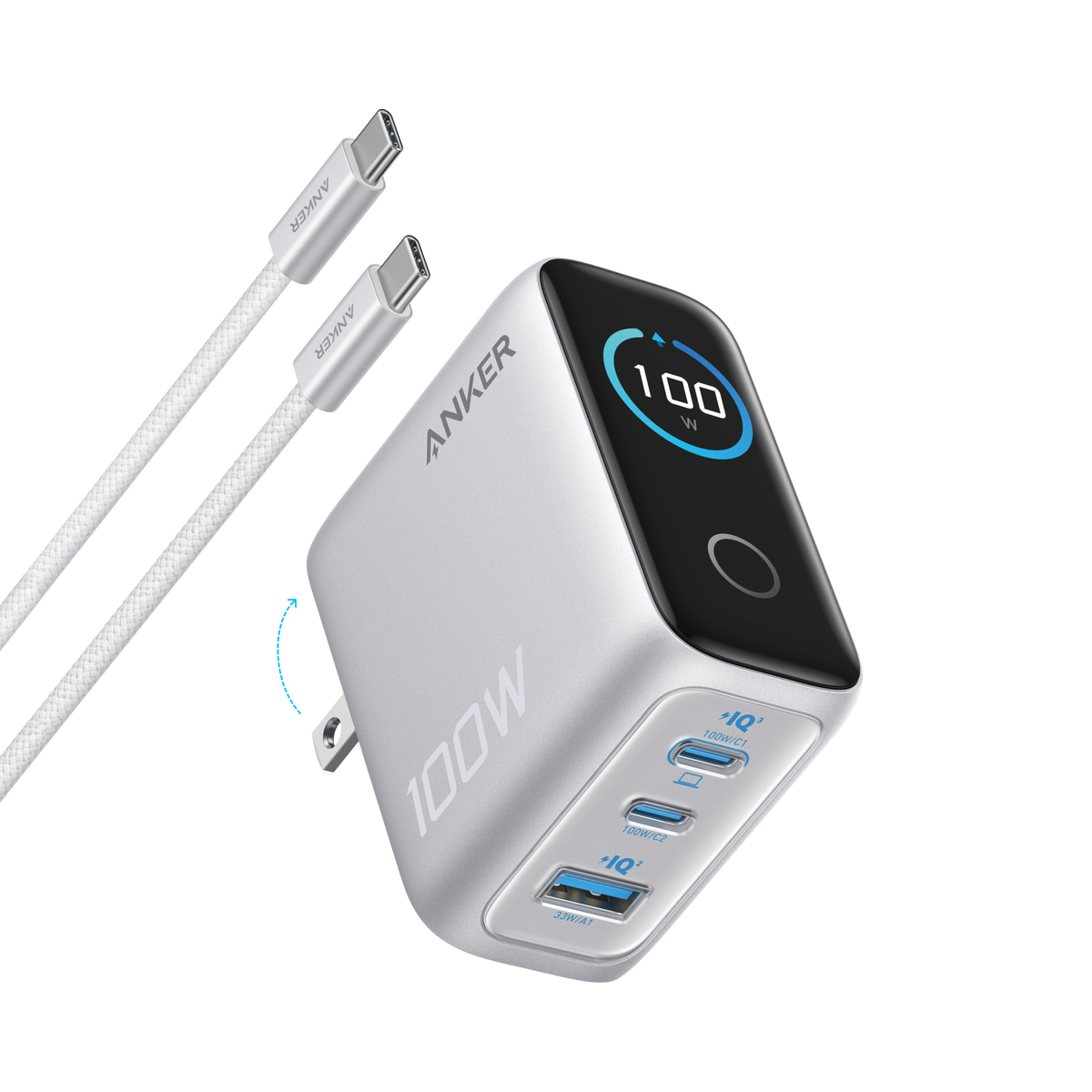 Anker 100W 3-Port USB-C Charger with Smart Display & USB-C Cable | Silver
