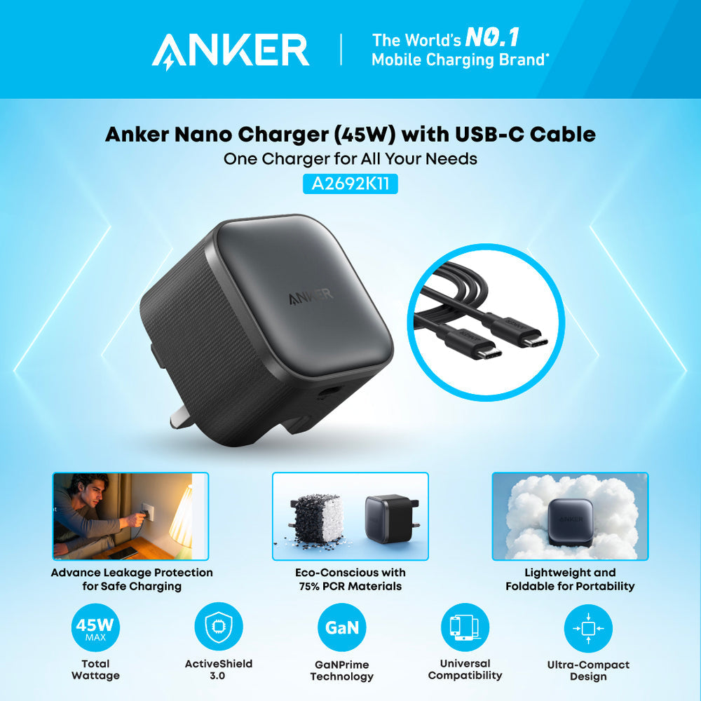 Anker Nano Charger 45W Fast Charger with USB-C to USB-C Cable | Black