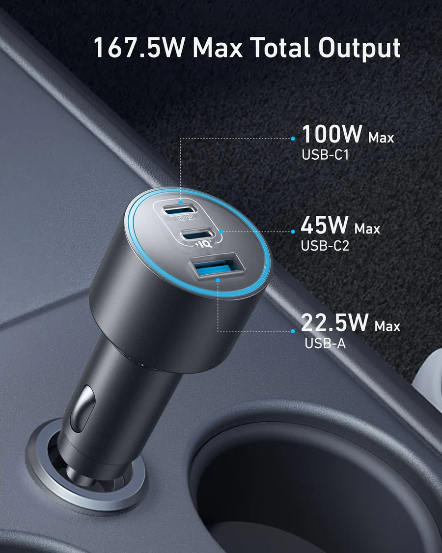 Anker Car Charger (167.5W, 3 Ports) with cable bundle | Gray