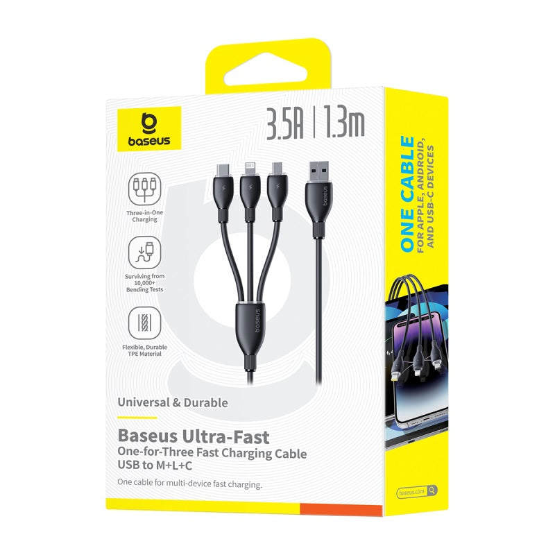 Baseus Ultra-Fast One-for-Three Fast Charging Cable USB-A to M+L+C 1.3m | Cosmic Black