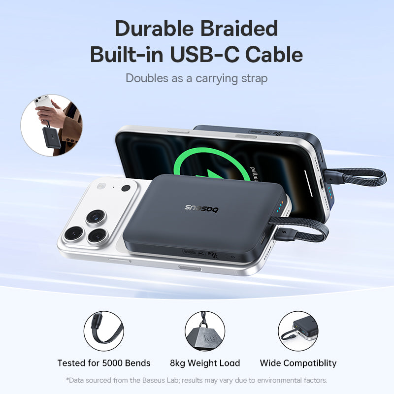 Baseus EnerFill FM11 Magnetic Wireless 15W Power Bank with Built-in USB-C Cable 10000mAh 30W | Cosmic Black