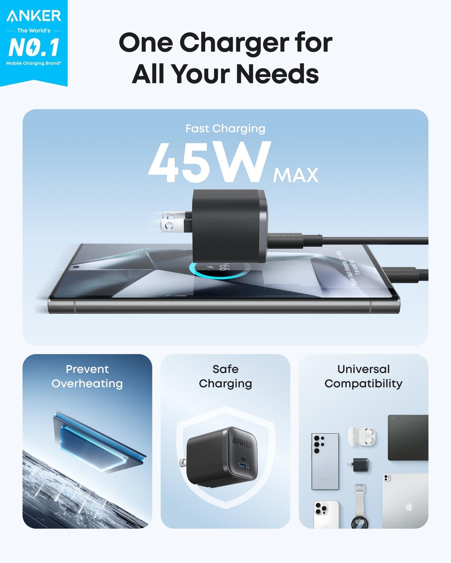 Anker Nano Charger 45W with USB-C to USB-C Cable | Black