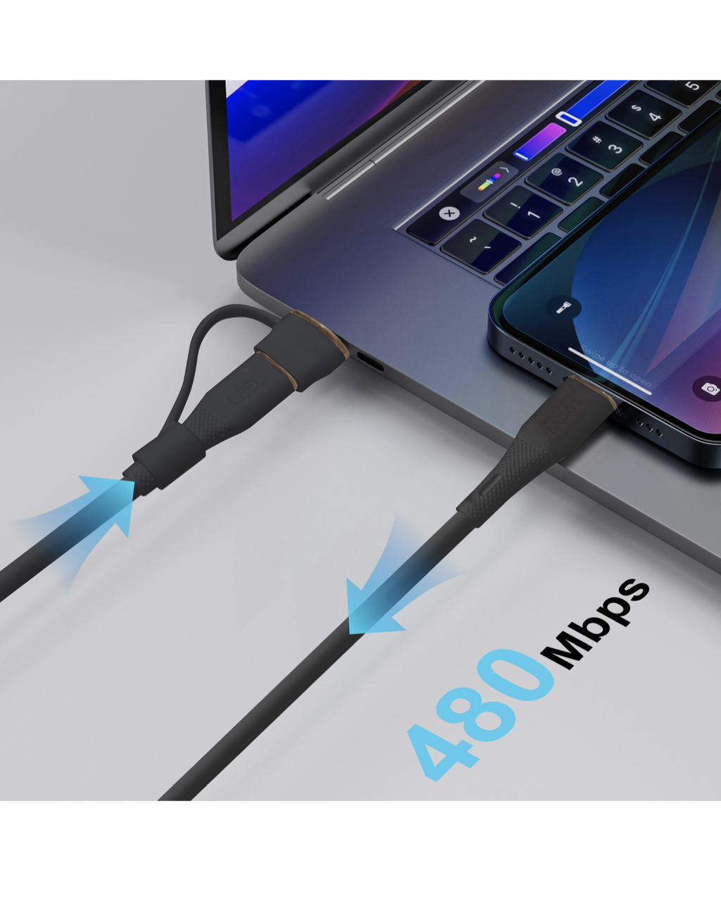 LZEL Celeris PowerDuo – 2-in-1 USB-C to USB-C 100W Silicone Cable (30cm) Built-in USB-A connector | Black