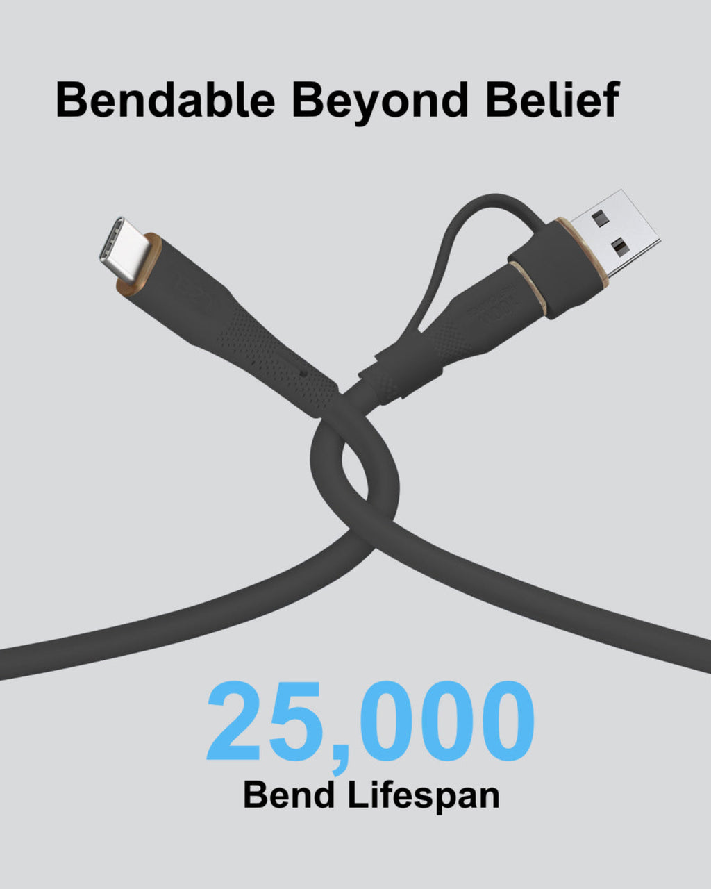 LZEL Celeris PowerDuo – 2-in-1 USB-C to USB-C 100W Silicone Cable (30cm) Built-in USB-A connector | Black