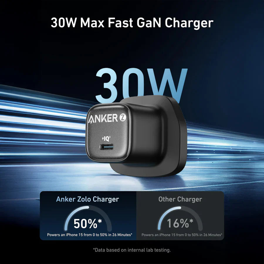 Anker Zolo Charger 30W, PD 3.0 With USB-C to USB-C Cable | Black