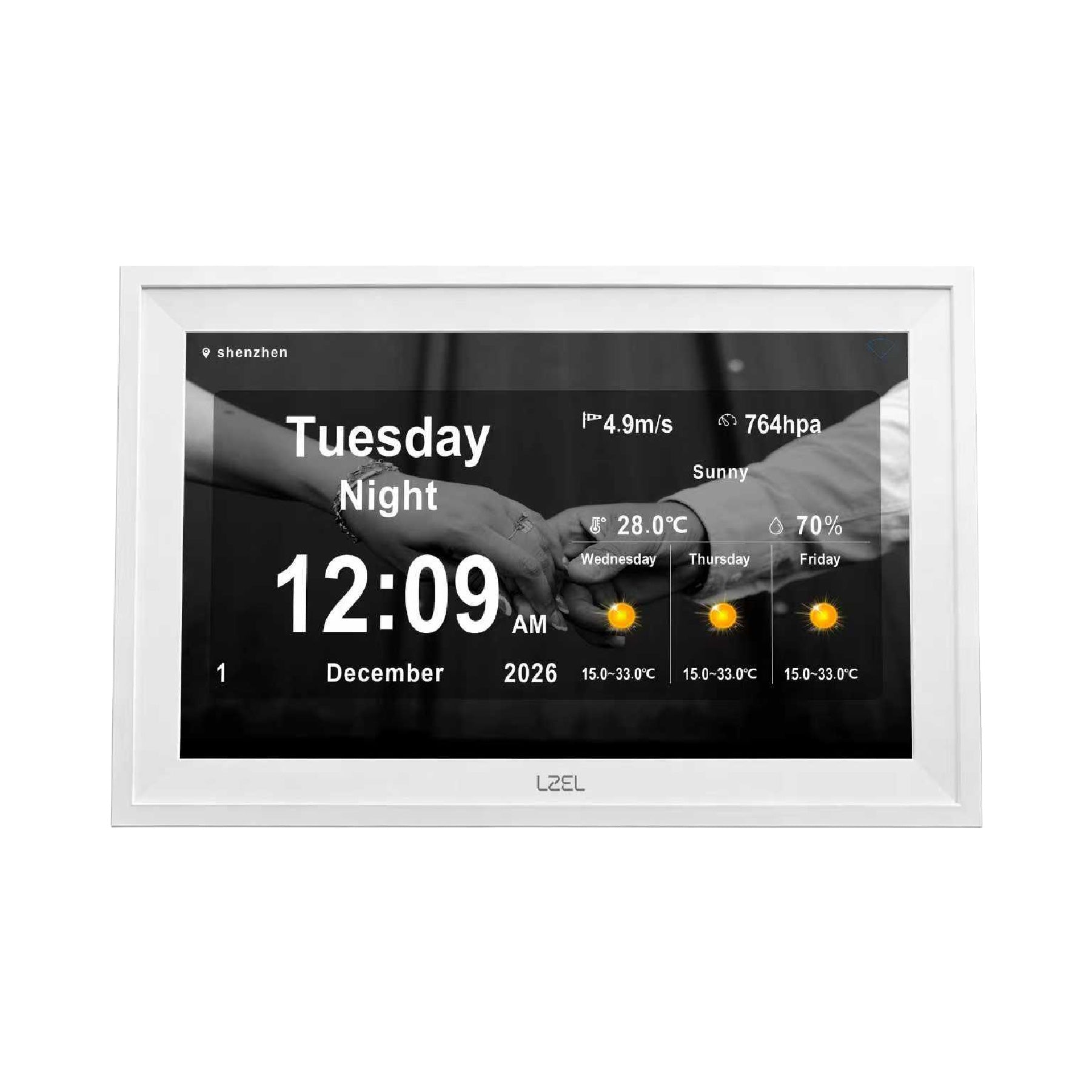 LZEL 10.1" HD Digital Day Clock, Weather Display, Photo Frame & Medication Reminders | White