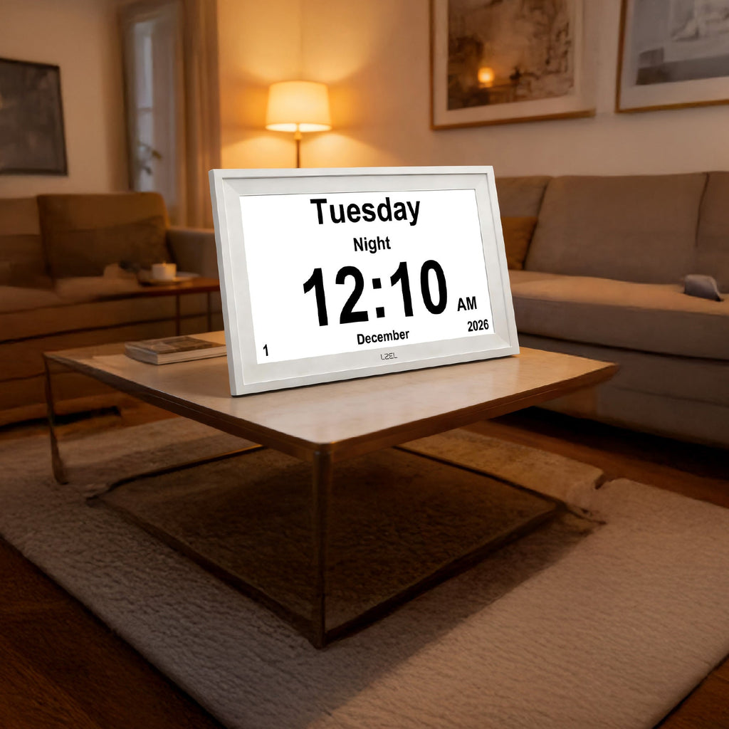 LZEL 10.1" HD Digital Day Clock, Weather Display, Photo Frame & Medication Reminders | White