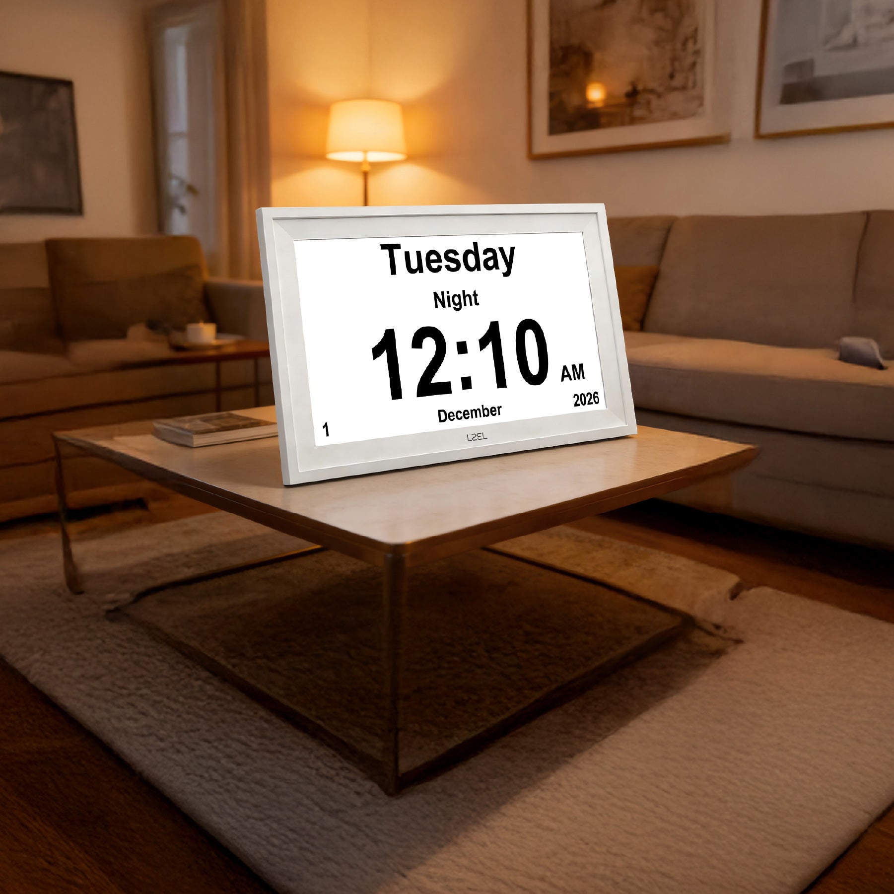 LZEL 10.1" HD Digital Day Clock, Weather Display, Photo Frame & Medication Reminders | White