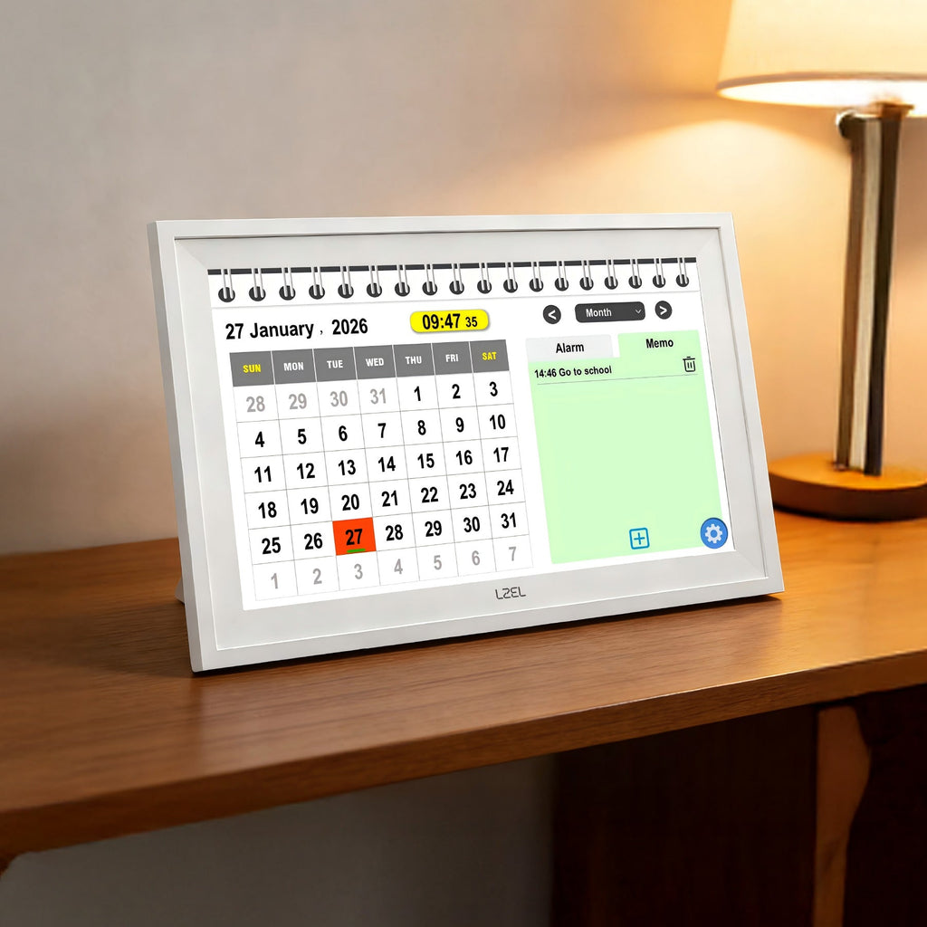LZEL 10.1" HD Digital Day Clock, Weather Display, Photo Frame & Medication Reminders | White