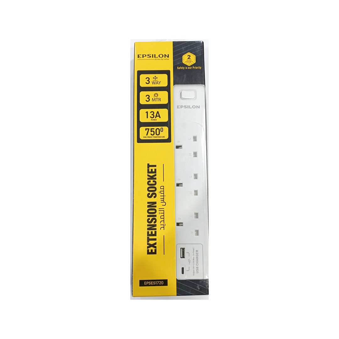 EPSILON 3-Way Extension Socket with USB Charger â?? 3M Cable | 13A