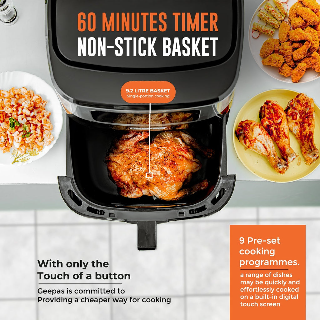 Geepas Digital Air Fryer | 9.2L Capacity, Vortex Air Frying Technology, Oil-Free Cooking, LED Touchscreen, 9 Preset Modes, 1â€“60 Min Timer