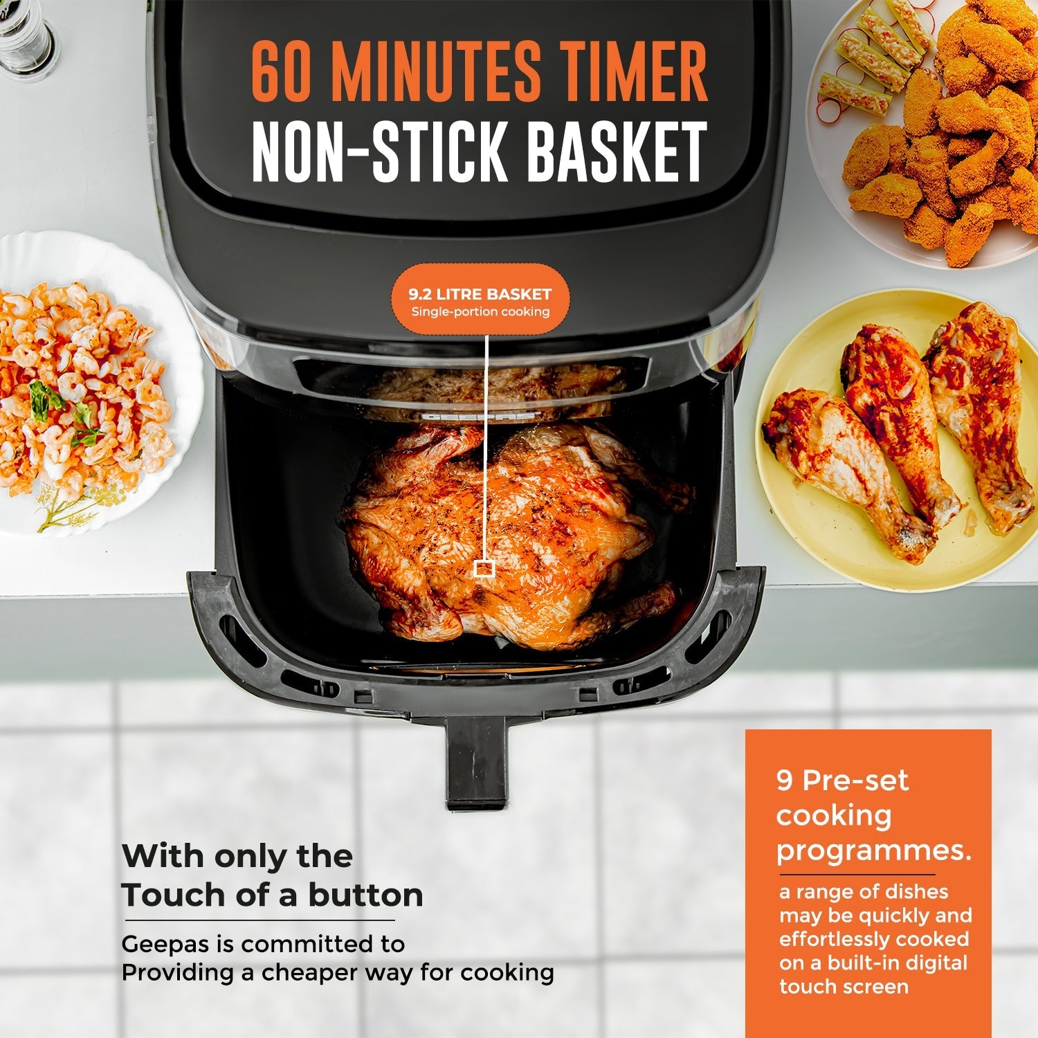 Geepas Digital Air Fryer | 9.2L Capacity, Vortex Air Frying Technology, Oil-Free Cooking, LED Touchscreen, 9 Preset Modes, 1â€“60 Min Timer