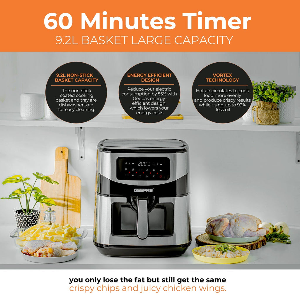Geepas Digital Air Fryer | 9.2L Capacity, Vortex Air Frying Technology, Oil-Free Cooking, LED Touchscreen, 9 Preset Modes, 1â€“60 Min Timer
