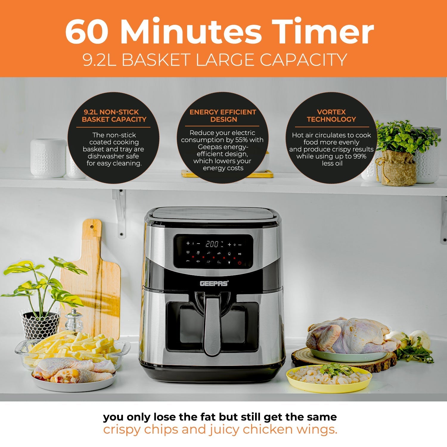 Geepas Digital Air Fryer | 9.2L Capacity, Vortex Air Frying Technology, Oil-Free Cooking, LED Touchscreen, 9 Preset Modes, 1â€“60 Min Timer