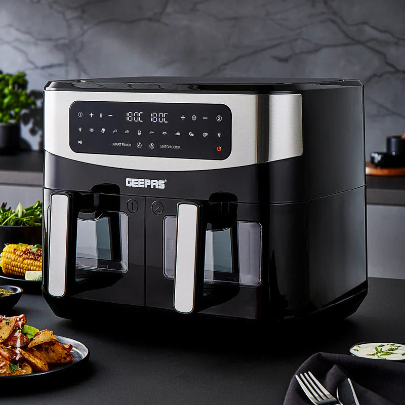 Geepas 9 L Dual Basket Digital Air Fryer Equipped with VORTEX Air Frying Technology, Oil Free Cooking| LED Display with Touch Screen, 10 Preset Cooking Modes