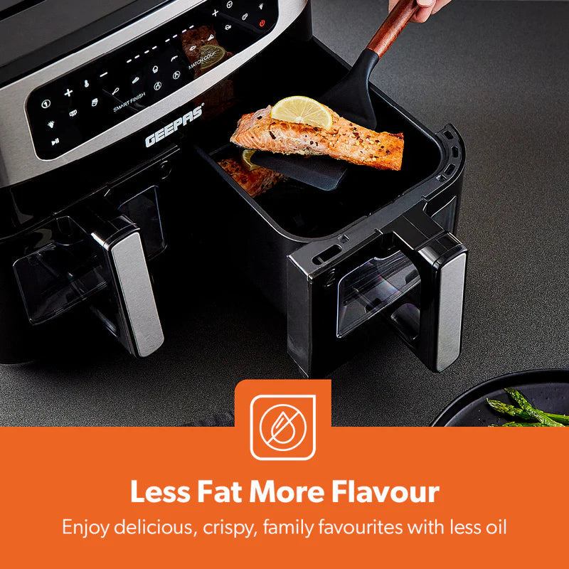 Geepas 9 L Dual Basket Digital Air Fryer Equipped with VORTEX Air Frying Technology, Oil Free Cooking| LED Display with Touch Screen, 10 Preset Cooking Modes