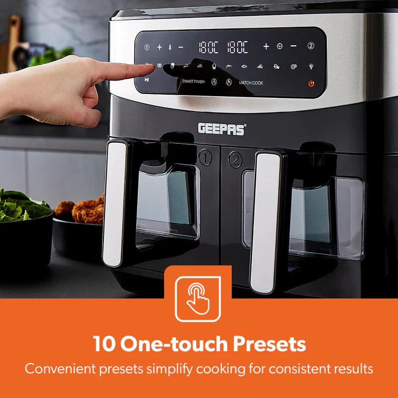 Geepas 9 L Dual Basket Digital Air Fryer Equipped with VORTEX Air Frying Technology, Oil Free Cooking| LED Display with Touch Screen, 10 Preset Cooking Modes