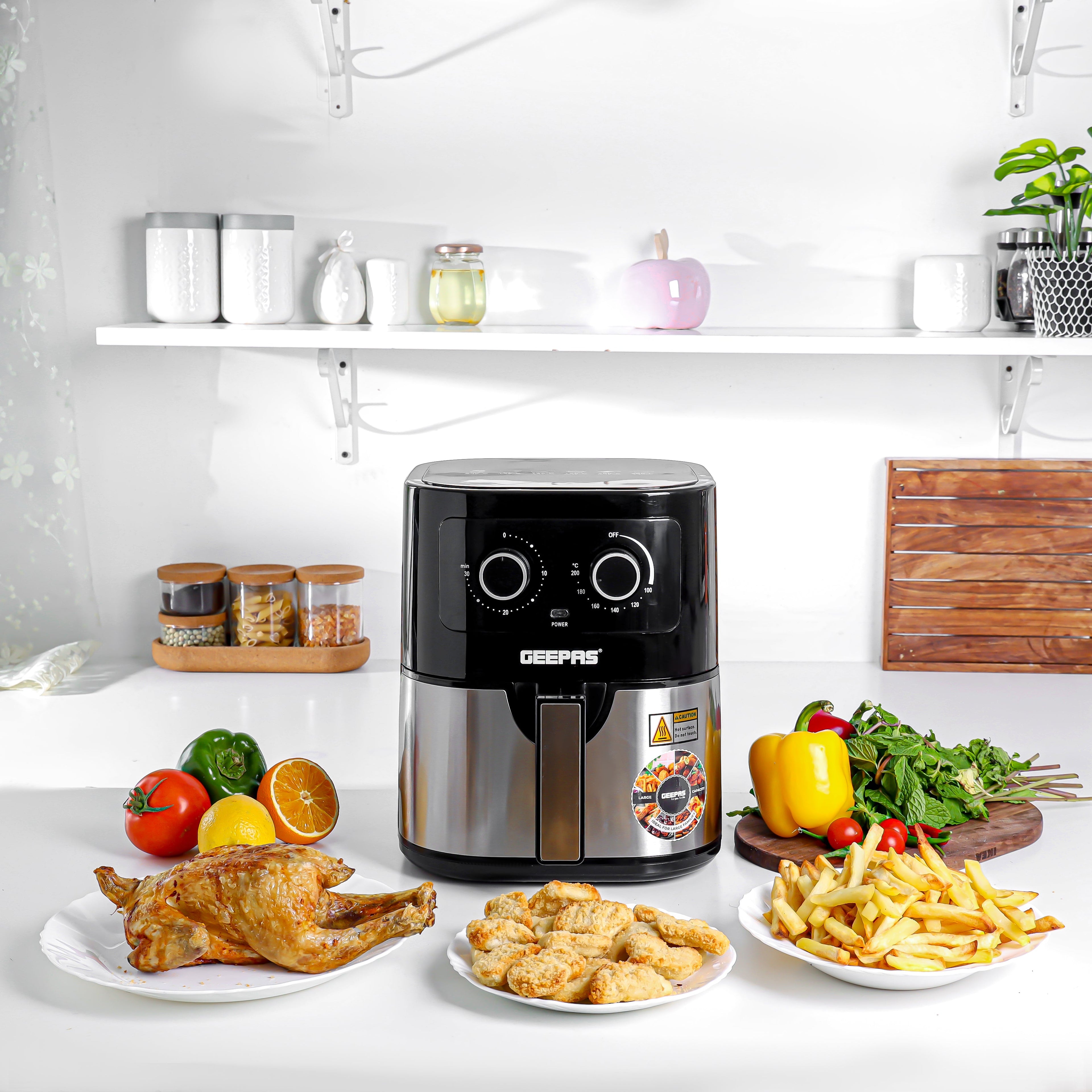 Geepas Air Fryer- 4.5 L Pot with Rack, Vortex Air Frying Technology/ 1-30 Min Timer, Temperature 100-200 Degree Celsius | Black and Silver