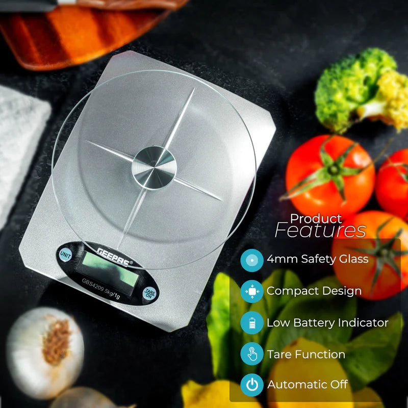 Geepas Digital Kitchen Scale GBS4209 â€“ 5kg Capacity| Safety Glass Platform| High Precision Measurement| Easy-to-Read Display| Compact & Durable Design