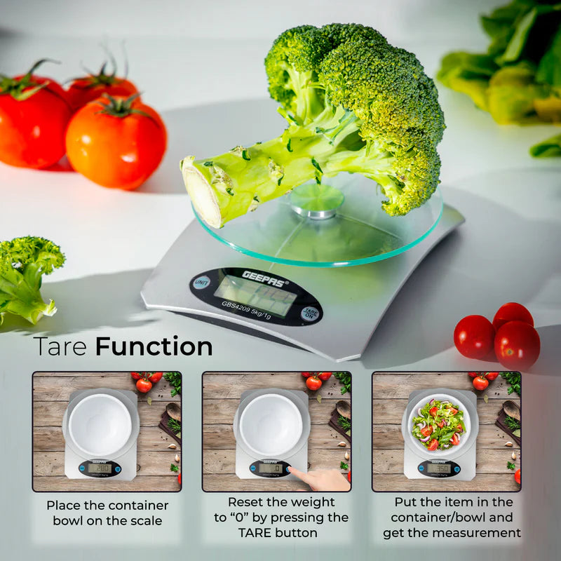 Geepas Digital Kitchen Scale GBS4209 – 5kg Capacity| Safety Glass Platform| High Precision Measurement| Easy-to-Read Display| Compact & Durable Design
