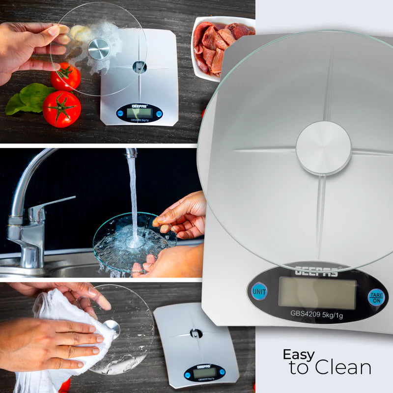 Geepas Digital Kitchen Scale GBS4209 â€“ 5kg Capacity| Safety Glass Platform| High Precision Measurement| Easy-to-Read Display| Compact & Durable Design