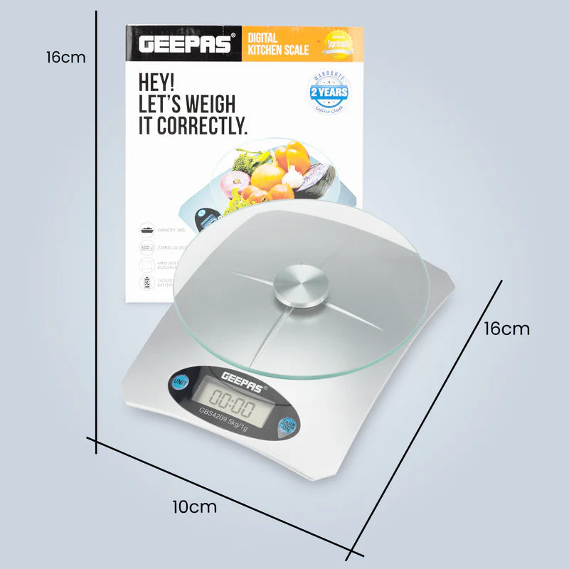 Geepas Digital Kitchen Scale GBS4209 â€“ 5kg Capacity| Safety Glass Platform| High Precision Measurement| Easy-to-Read Display| Compact & Durable Design