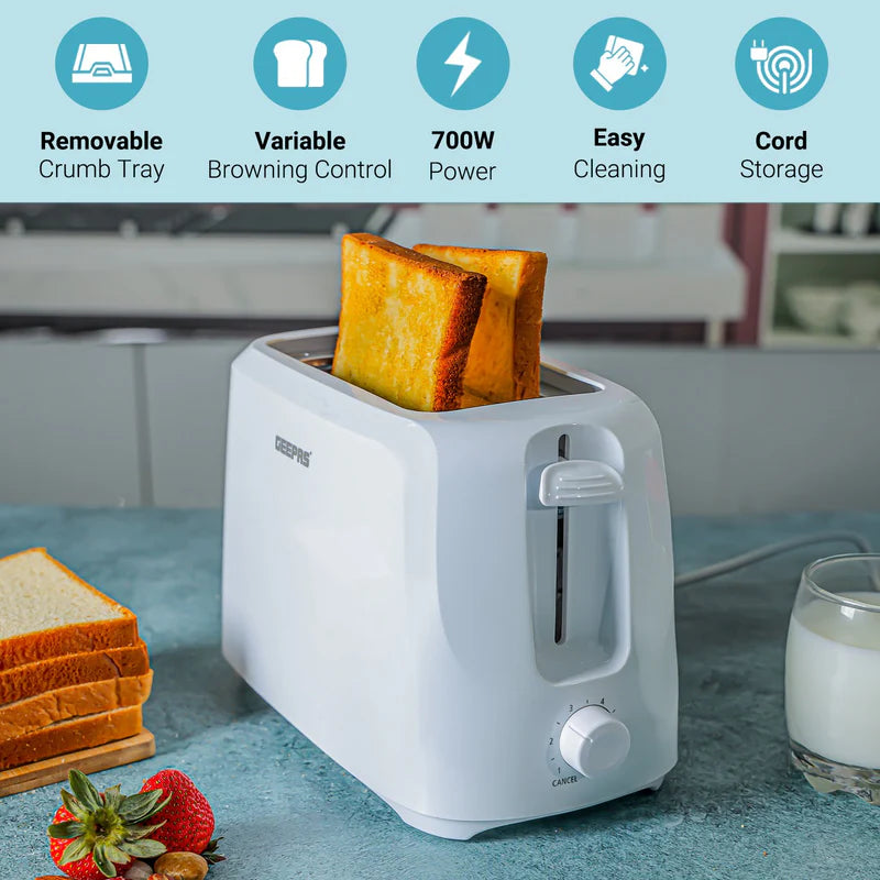 Geepas 2-Slice Bread Toaster | 700W Power| 6 Adjustable Browning Levels| Removable Crumb Tray| Auto Pop-Up Function| Cool Touch Body